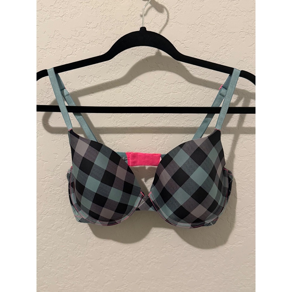 Victoria's Secret Lined Demi Bra 36D Teal Black Plaid Neon Pink Underwire 351573